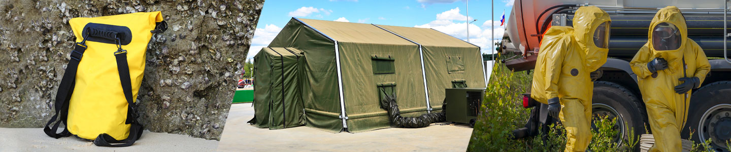 Examples of MaxiGrip and U-MaxiGrip Zipper Applications: Dry Bag, Military Tent, Chemical Protective Clothing
