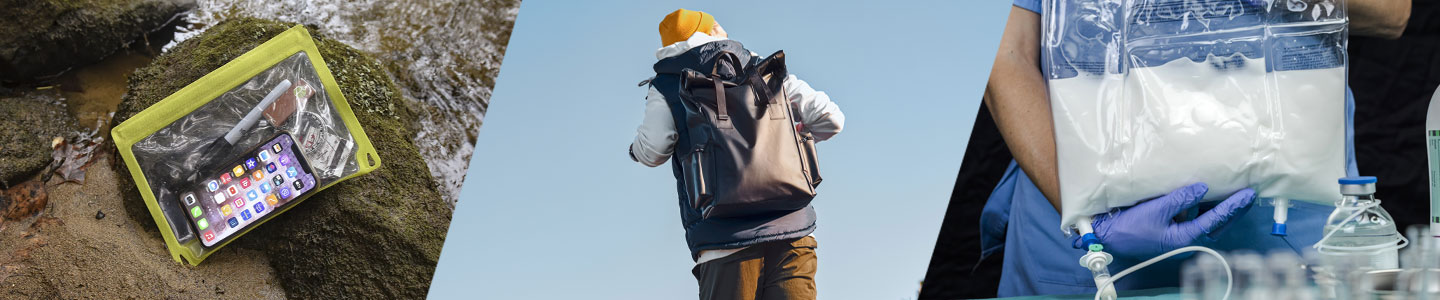 Examples of U-MaxiGrip Zipper Applications: E-case, Dry Bag, Medical Bag